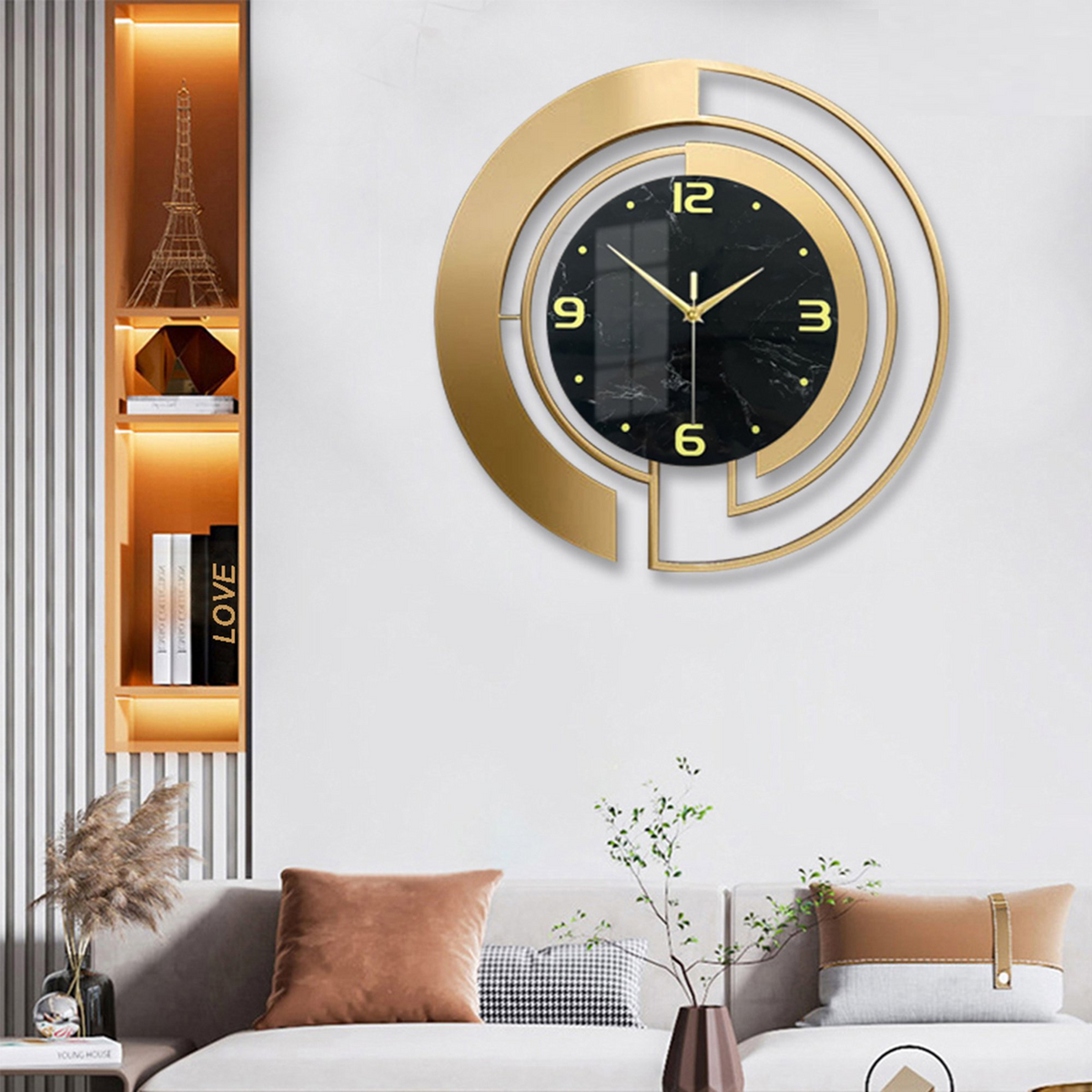 24" Luxury Gold & Black Metal Wall Clock – Marble Pattern