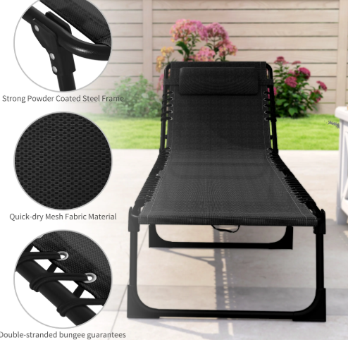 Outsunny Portable Reclining Beach Chaise Lounge – Black