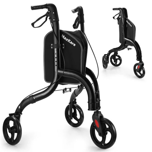 MaxKare 3-Wheel Walker for Seniors Foldable Rollator Walker with 8'' Wheel Lightweight, 300Lbs Weight Capacity, Height Adjustable, Black