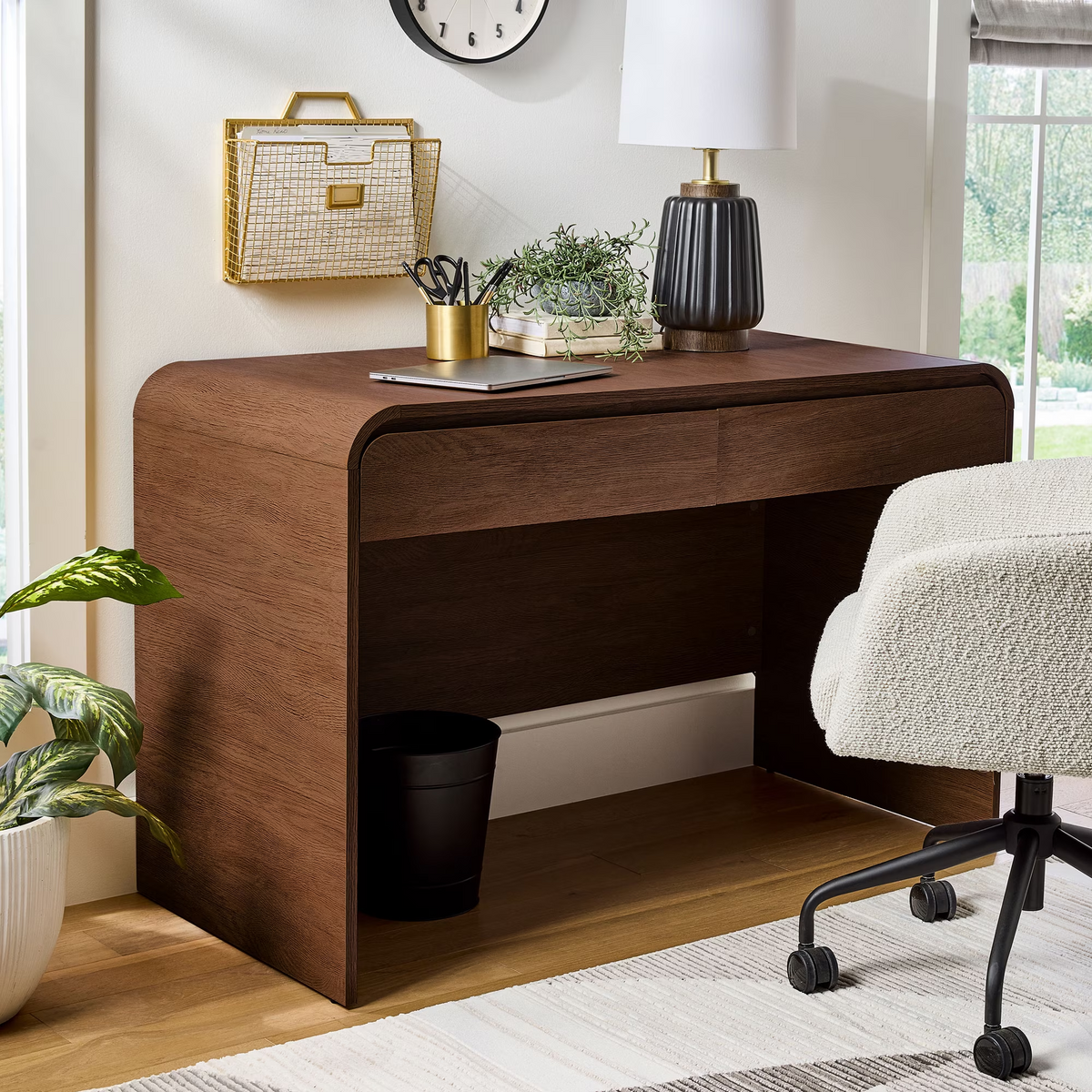Juliet Curved Desk with Storage, Adults and Teens, Walnut Finish