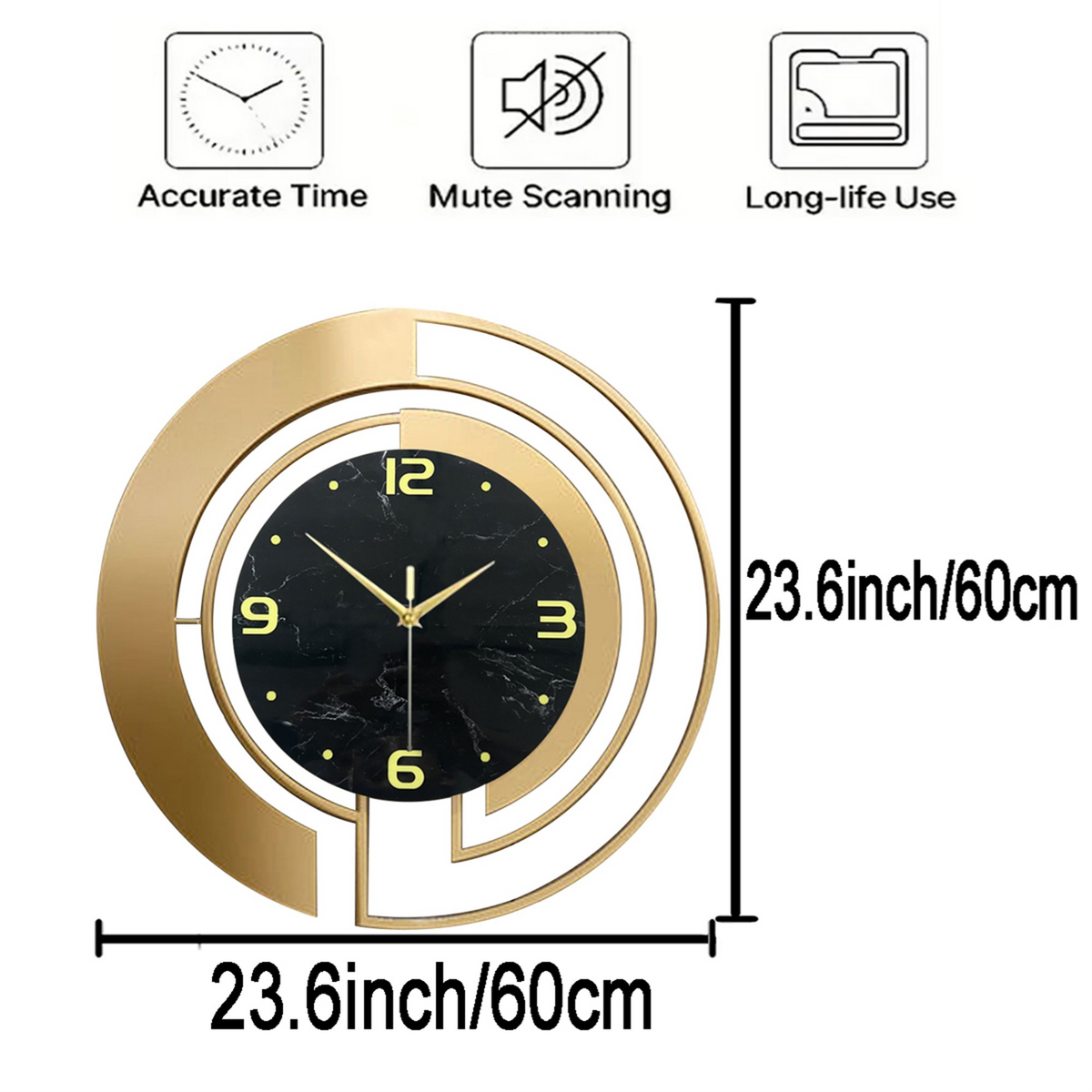 24" Luxury Gold & Black Metal Wall Clock – Marble Pattern
