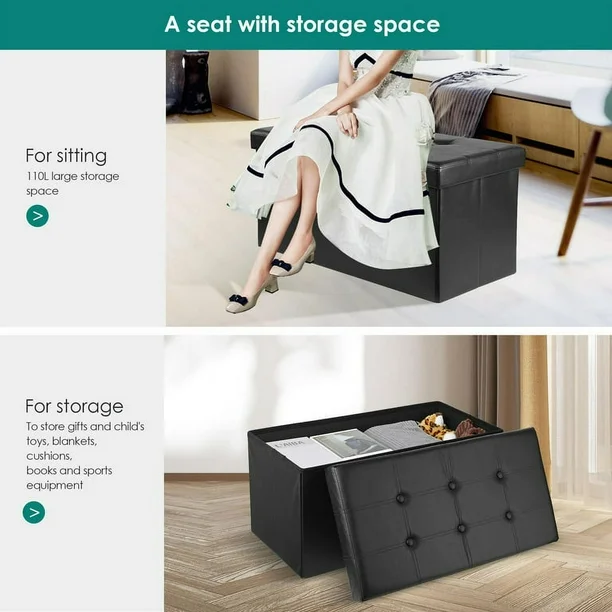 30 Inches Folding Storage Ottoman Bench, Faux Leather Storage Chest, Ottoman