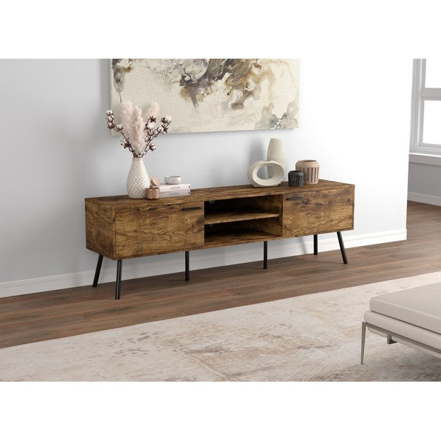 TV Stand-71"Long/Brown Reclaimed Wood with 2 Closed Doors & 2 Shelves