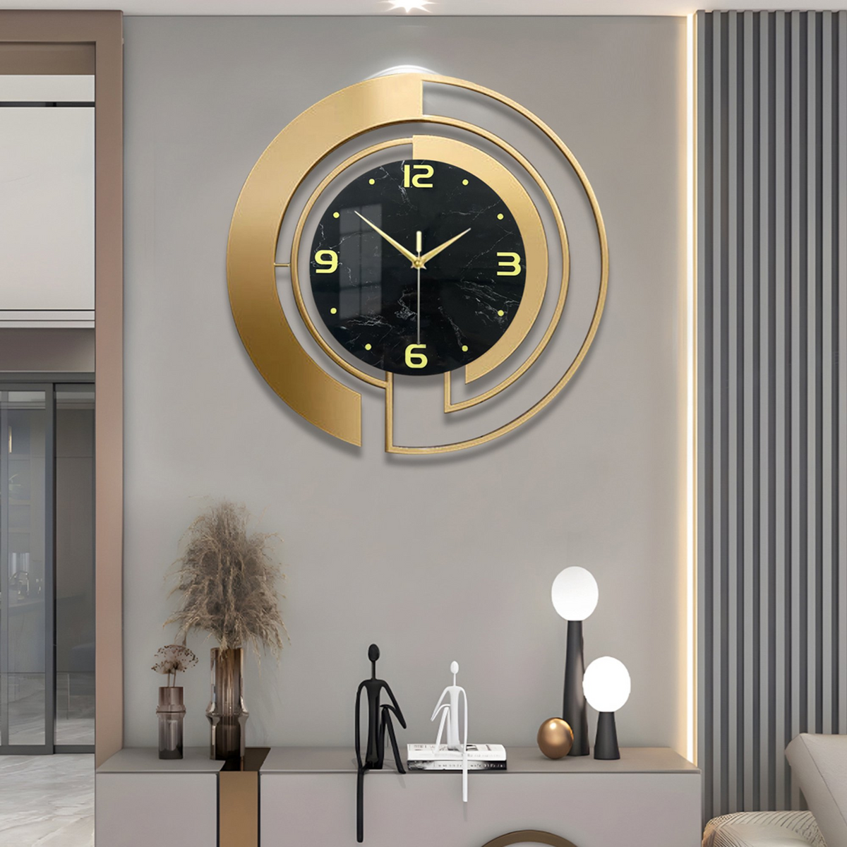 24" Luxury Gold & Black Metal Wall Clock – Marble Pattern