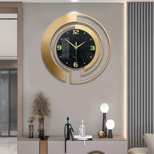 24" Luxury Gold & Black Metal Wall Clock – Marble Pattern