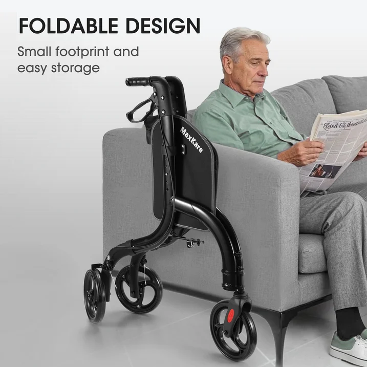 MaxKare 3-Wheel Walker for Seniors Foldable Rollator Walker with 8'' Wheel Lightweight, 300Lbs Weight Capacity, Height Adjustable, Black