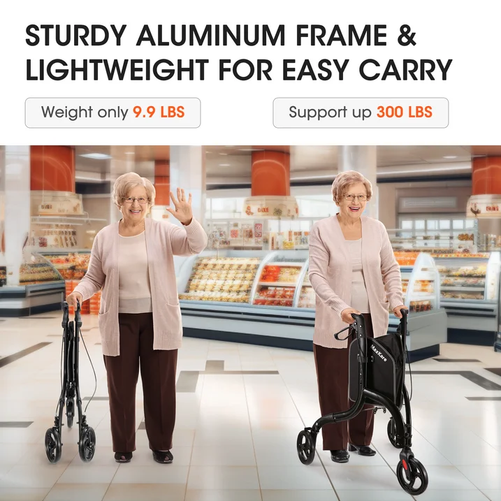 MaxKare 3-Wheel Walker for Seniors Foldable Rollator Walker with 8'' Wheel Lightweight, 300Lbs Weight Capacity, Height Adjustable, Black