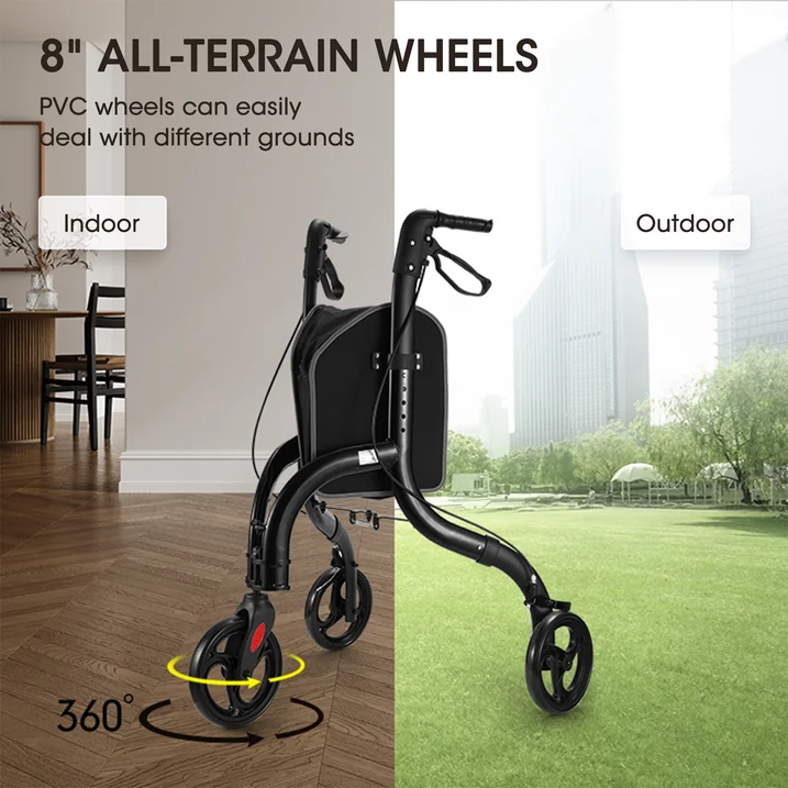 MaxKare 3-Wheel Walker for Seniors Foldable Rollator Walker with 8'' Wheel Lightweight, 300Lbs Weight Capacity, Height Adjustable, Black