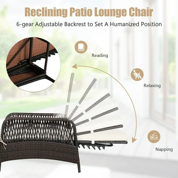 Gymax Rattan Patio Lounge Chair Chaise w/ Adjustable Backrest Cu
