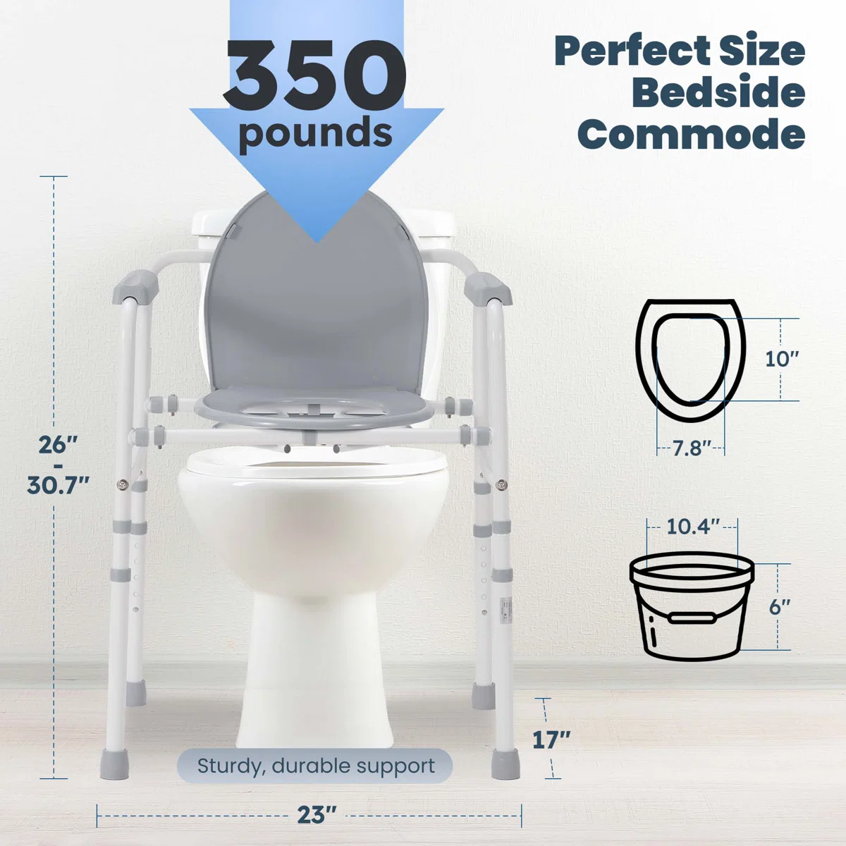 3-In-1 Steel Bedside Commode, Raised Toilet Seat With Handles, Portable Toilet With 7.5 QT Bucket, 350 Lb. Weight Capacity DR3313