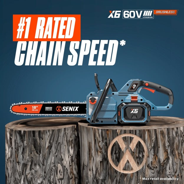 SENIX CSX6-M1 18" 60V Battery Powered Chainsaw, Brushless, Automatic Oiler, Tool-Free Chain