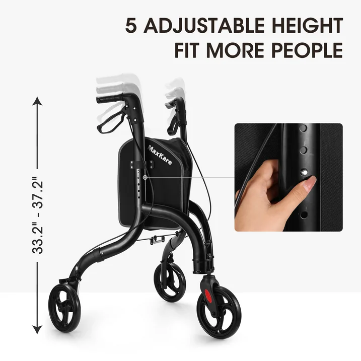 MaxKare 3-Wheel Walker for Seniors Foldable Rollator Walker with 8'' Wheel Lightweight, 300Lbs Weight Capacity, Height Adjustable, Black