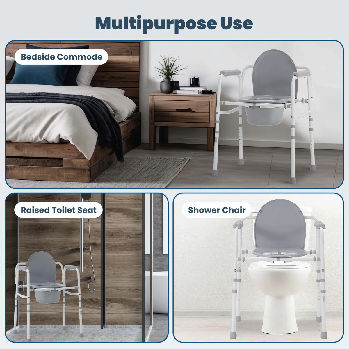 3-In-1 Steel Bedside Commode, Raised Toilet Seat With Handles, Portable Toilet With 7.5 QT Bucket, 350 Lb. Weight Capacity DR3313