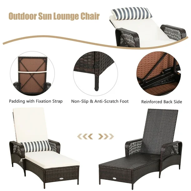 Gymax Rattan Patio Lounge Chair Chaise w/ Adjustable Backrest Cu