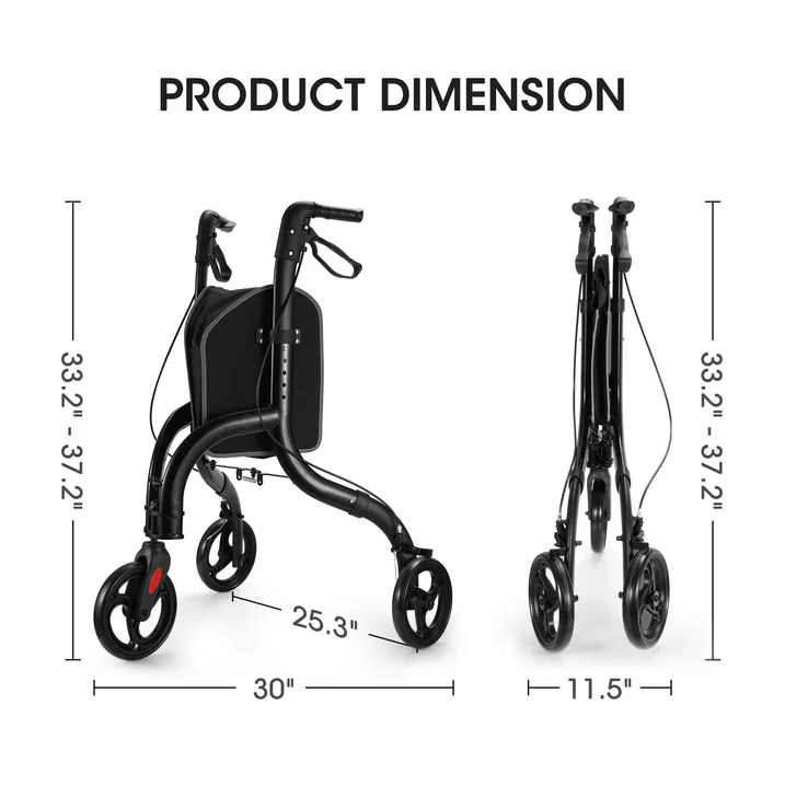 MaxKare 3-Wheel Walker for Seniors Foldable Rollator Walker with 8'' Wheel Lightweight, 300Lbs Weight Capacity, Height Adjustable, Black