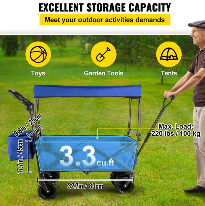 Blue Collapsible Wagon Cart with Canopy