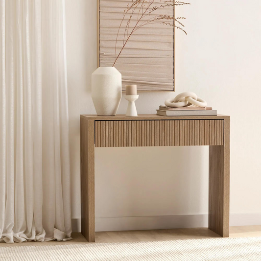 Bouclair Natural Oak Wood Veneer Entryway Console Table with 1 Fluted Drawer Hallway