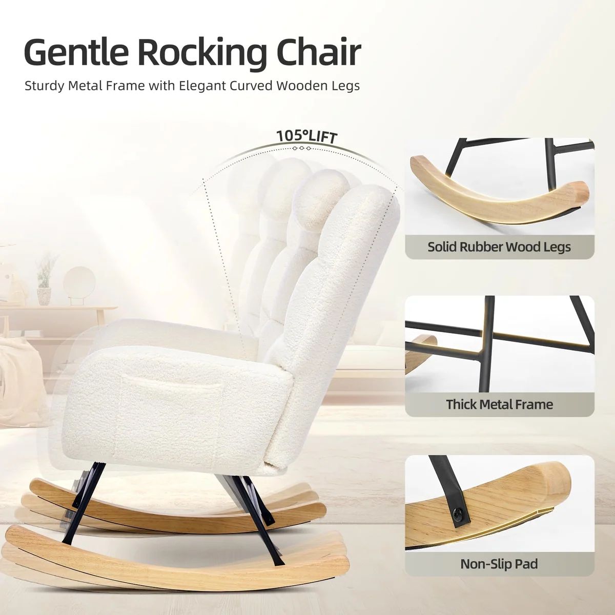 Garvee Nursery Rocking Chair Teddy Upholstered Glider Rocking Chair High Backrest Camel