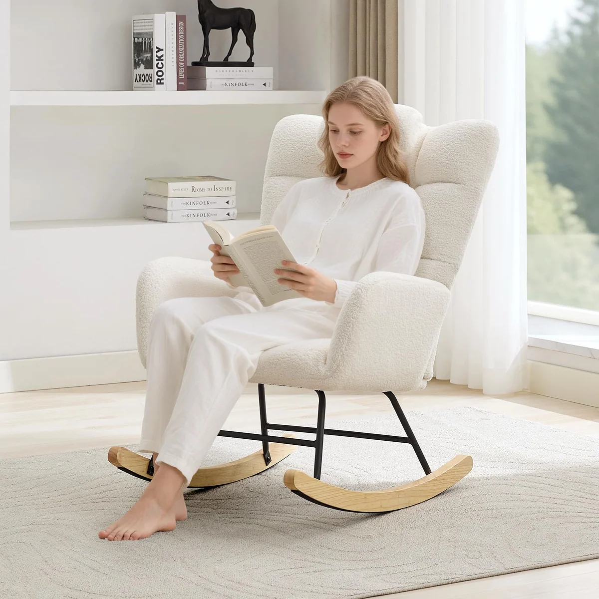 Garvee Nursery Rocking Chair Teddy Upholstered Glider Rocking Chair High Backrest Camel