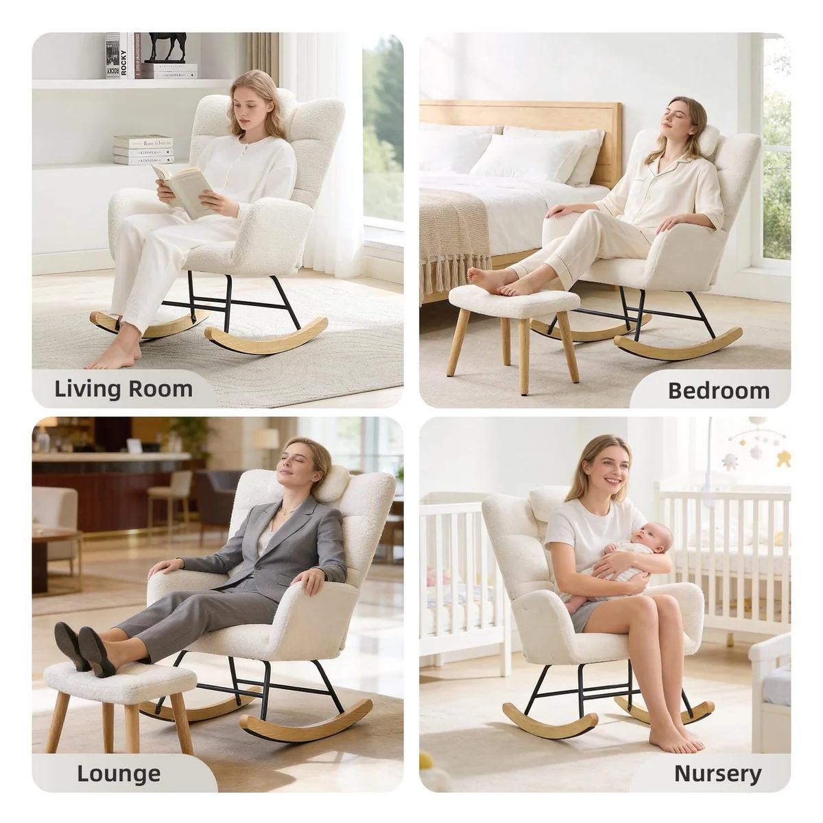 Garvee Nursery Rocking Chair Teddy Upholstered Glider Rocking Chair High Backrest Camel