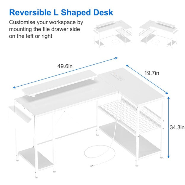 Garvee L‑Shaped Computer Desk – RGB LED + Power Outlets