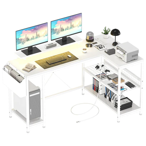 Garvee L‑Shaped Computer Desk – RGB LED + Power Outlets