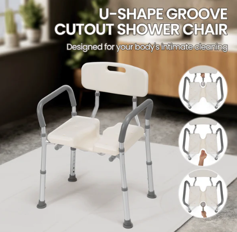 MaxKare Shower Chair with Back and Arms, U-Shape Groove Cutout for Private Cleaning