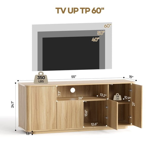 Fluted TV Stand for TVs up to 65", 55" Modern Media Console with 3-Sided Fluted Design