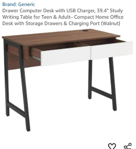 Computer Desk with USB Charger – 39.4" Study/Writing Table