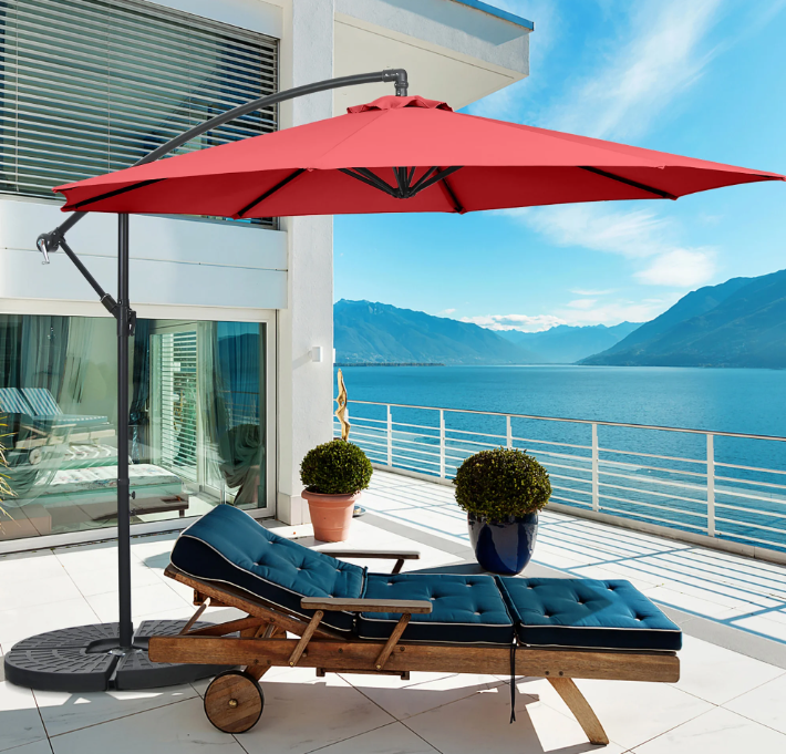 10 FT Patio Offset Umbrella – Claret (with 8 Ribs + Cross Base + Tilt