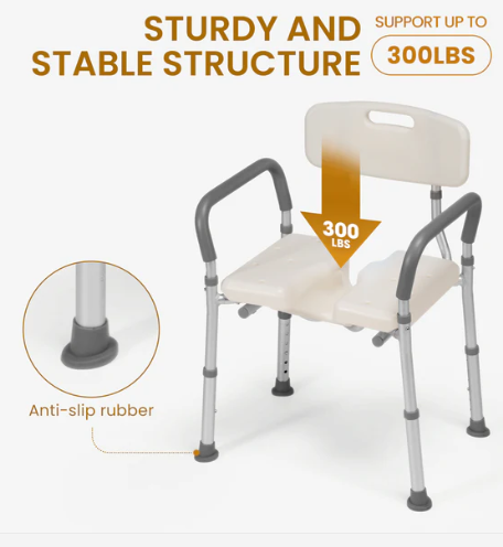 MaxKare Shower Chair with Back and Arms, U-Shape Groove Cutout for Private Cleaning