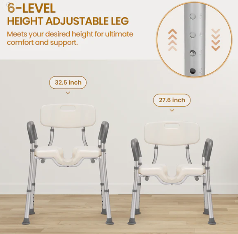 MaxKare Shower Chair with Back and Arms, U-Shape Groove Cutout for Private Cleaning