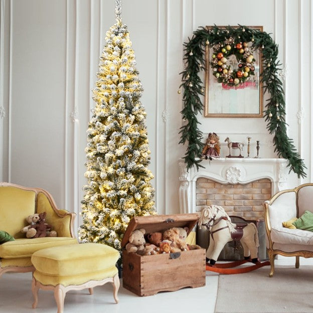 7.5ft Pre‑Lit Pencil Snow‑Flocked Christmas Tree