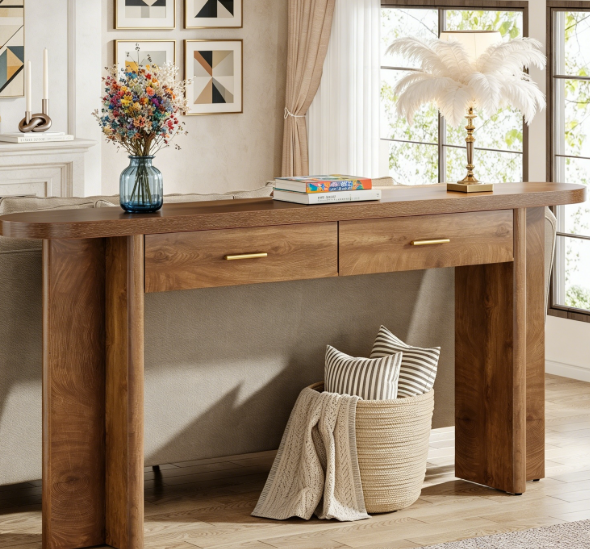 Lantine 63" Oval Console Table – Farmhouse Style (Brown) 🤎🪵 Brand New • 1 PC •
