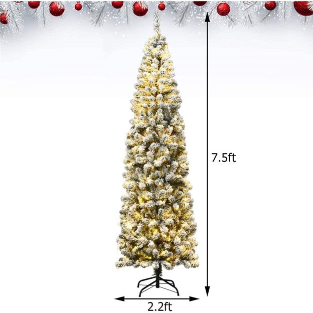 7.5ft Pre‑Lit Pencil Snow‑Flocked Christmas Tree
