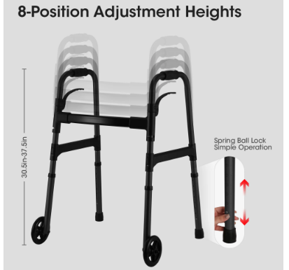 MaxKare Folding Walker with Wheels, 8 Levels Adjustable Height 30.5-37.5, 300lbs Weight Capacity, Lightweight, for Senior, Black