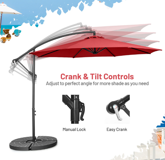10 FT Patio Offset Umbrella – Claret (with 8 Ribs + Cross Base + Tilt