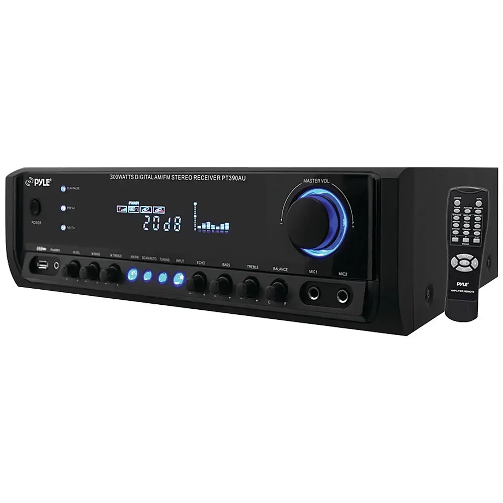 Pyle 300W 4-Channel Home Audio Power Amplifier - Stereo Receiver with USB/ RCA/ AUX/ 2 Mic Inputs w/ Echo/ LED/ EQ/ Digital Display/ Remote - For PA - iPhone - Karaoke - Home Entertainment - PT390AU