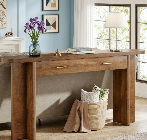 Lantine 63" Oval Console Table – Farmhouse Style (Brown) 🤎🪵 Brand New • 1 PC •