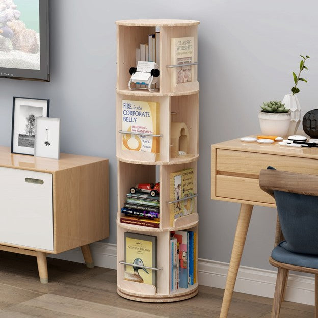 TOYTEXX 4-Tier Rotating Bookshelf, 360° Solid Wood Stackable Organizer for Home & Office -