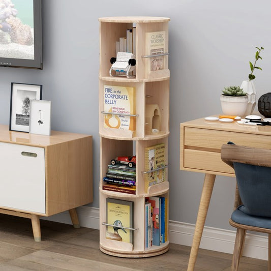 4-Tier Rotating Bookshelf, 360° Solid Wood Stackable Organizer for Home & Office -