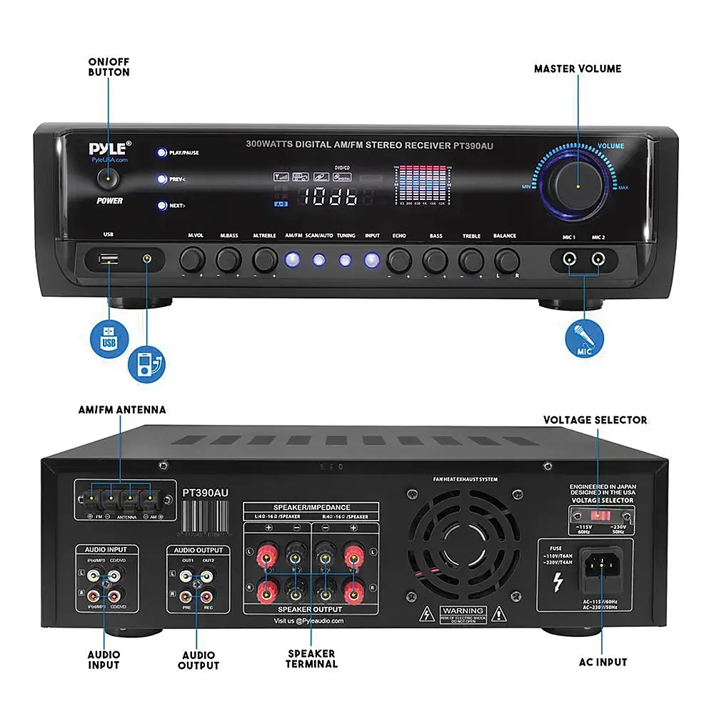 Pyle 300W 4-Channel Home Audio Power Amplifier - Stereo Receiver with USB/ RCA/ AUX/ 2 Mic Inputs w/ Echo/ LED/ EQ/ Digital Display/ Remote - For PA - iPhone - Karaoke - Home Entertainment - PT390AU