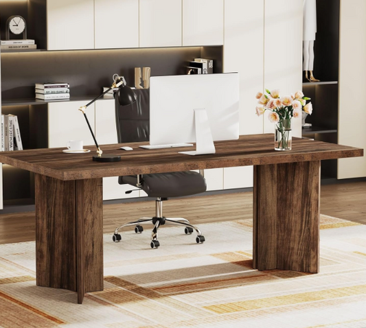 63-inch Executive Desk, Vintage Office Computer Desk With Large Tabletop, Farmhouse Wood Writing