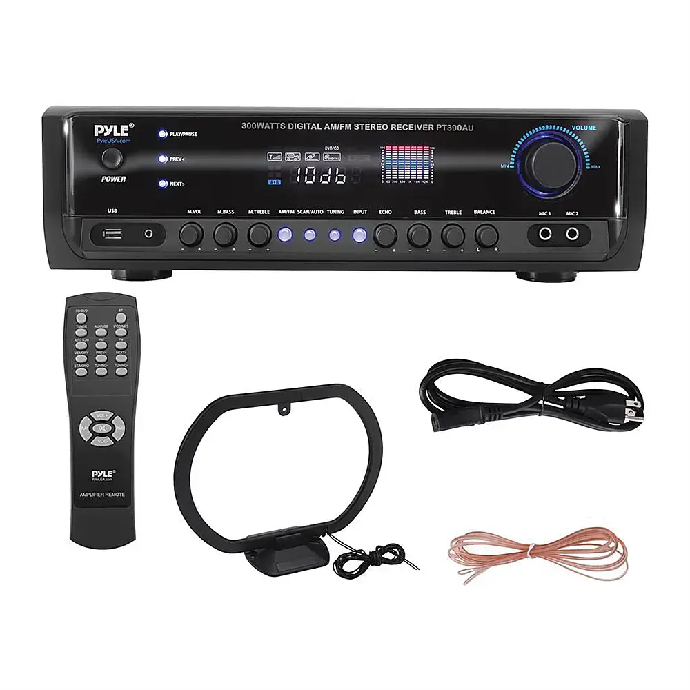 Pyle 300W 4-Channel Home Audio Power Amplifier - Stereo Receiver with USB/ RCA/ AUX/ 2 Mic Inputs w/ Echo/ LED/ EQ/ Digital Display/ Remote - For PA - iPhone - Karaoke - Home Entertainment - PT390AU