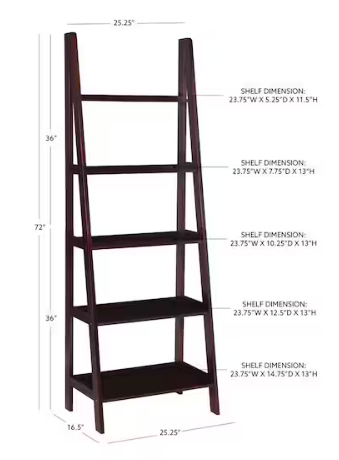 Benson 72” Tall 5-Shelf Ladder Bookcase – Espresso
